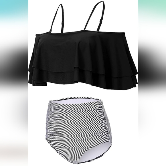 EDEL QUAL PLUS SIZE 2 Piece Ruffle High Waisted Tummy Control Bikini - Picture 3 of 5